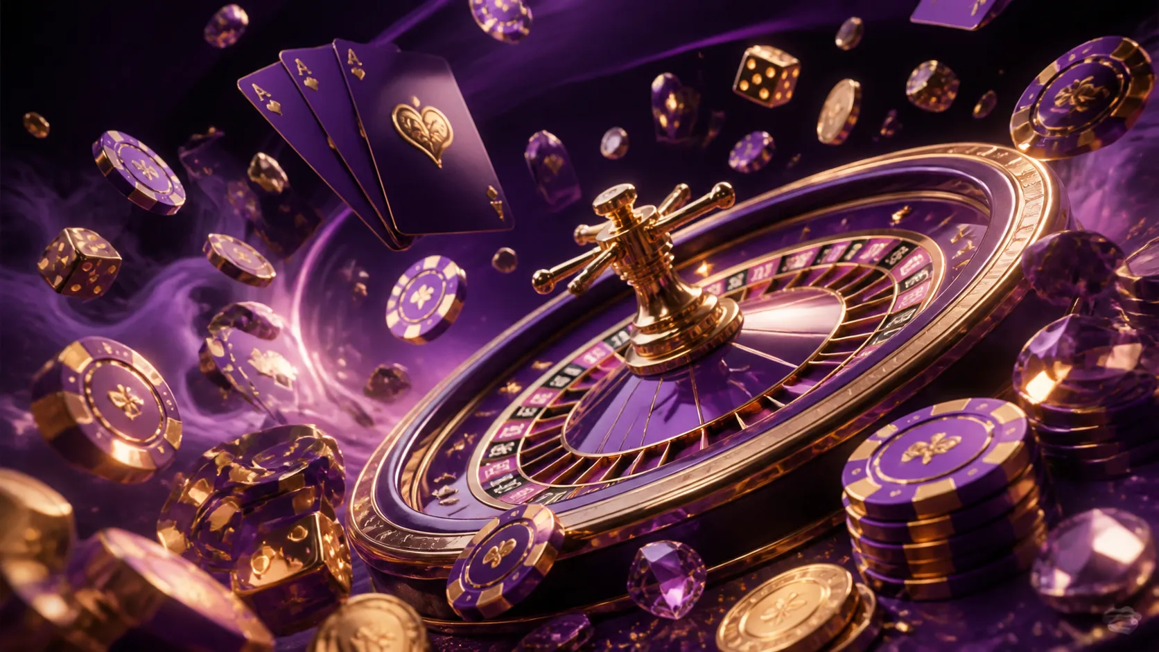Luxury casino hero banner for Playbaze featuring poker chips, playing cards, and neon elements in a premium digital art style