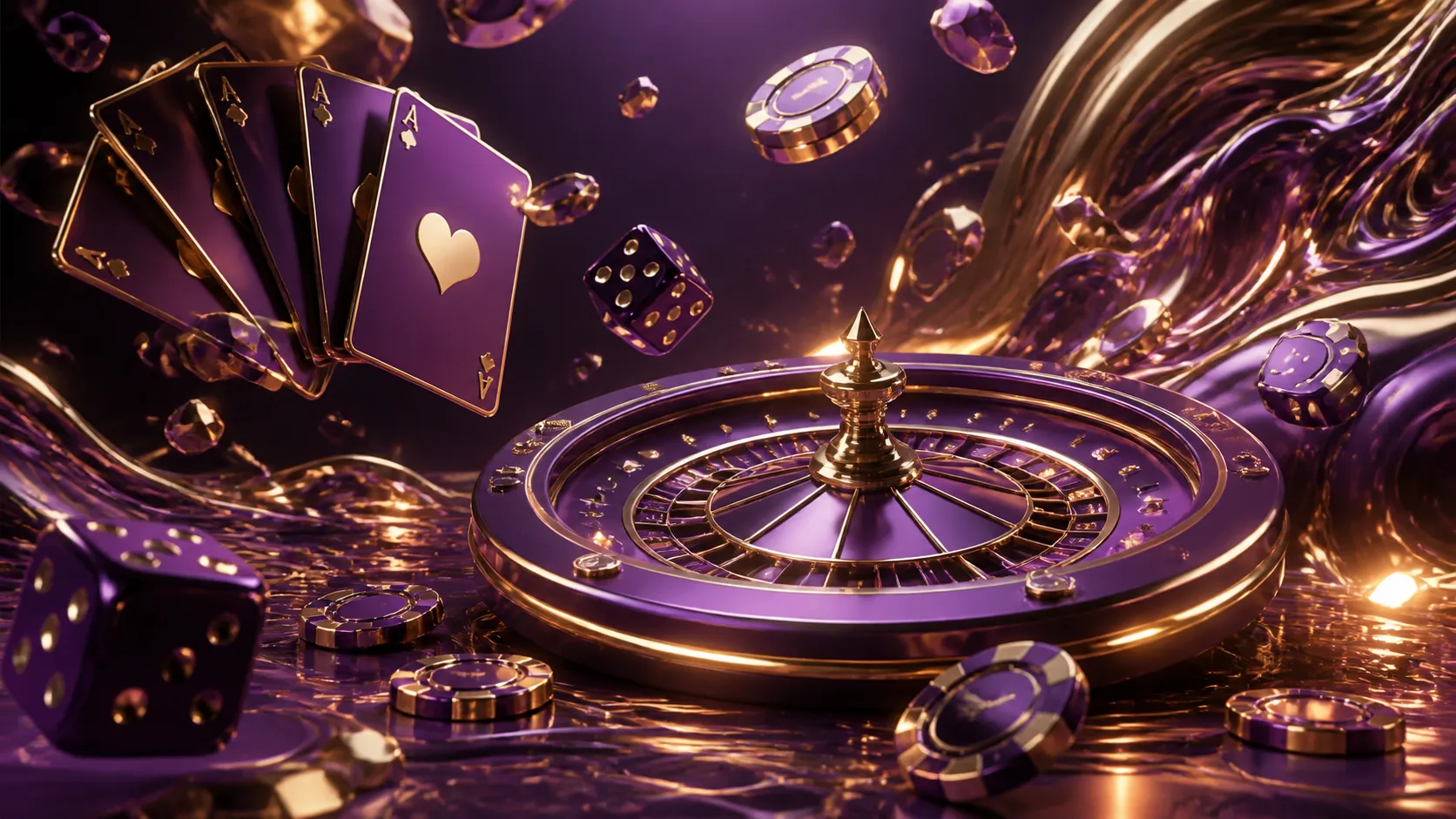 Futuristic holographic casino theme with floating poker chips and glowing dice in vibrant colors.