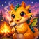 A colorful, smiling cartoon fox with blue and orange fur.